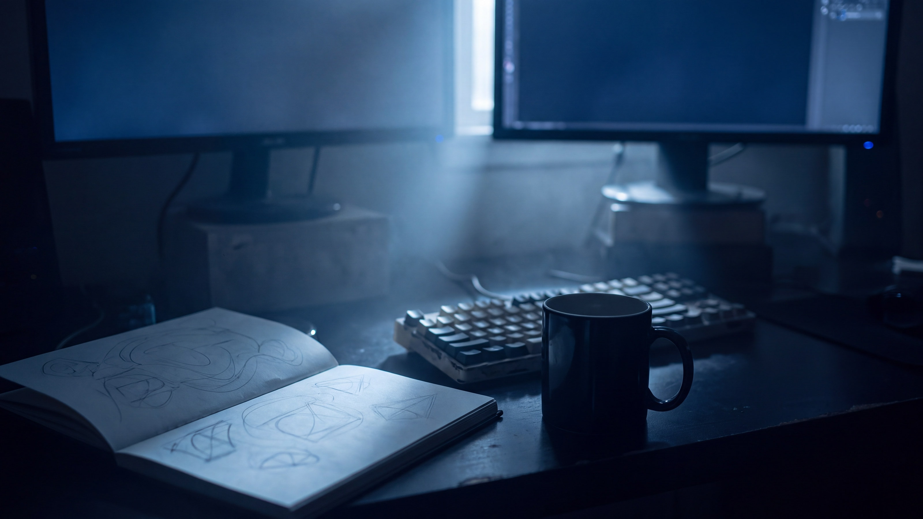A design and development desk at night, lit by a single beam of light