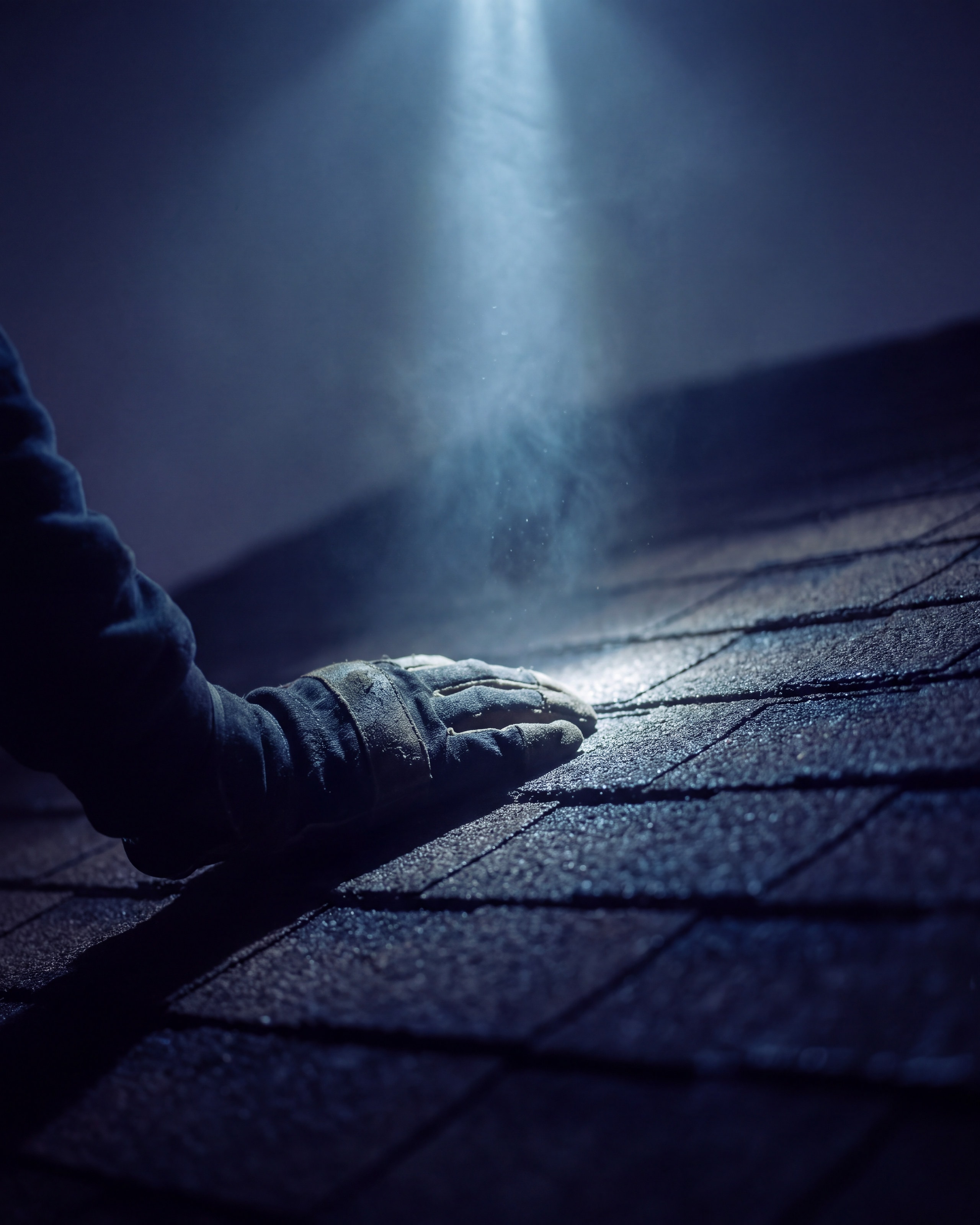 A shingle roof ridge under a beam of light